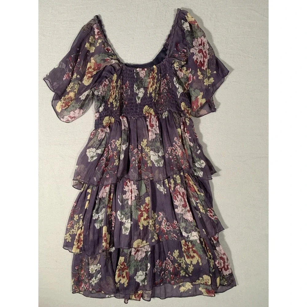 THE PYRAMID COLLECTION Purple Floral Layered tiered Ruffle ‎ Dress XS